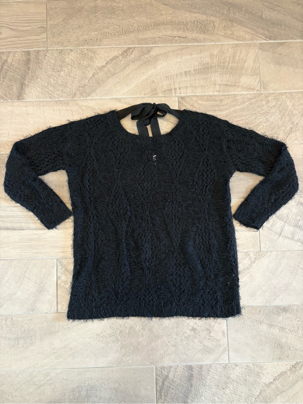 PinkBlush Maternity Black Textured Fuzzy Knit Sweater Top - Tie Back - Size S/M